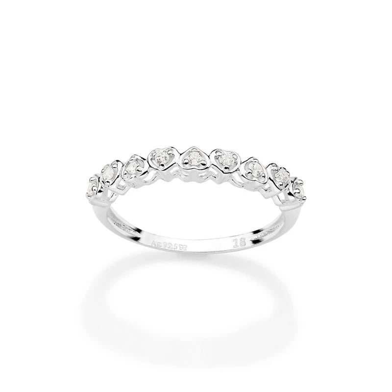 Fino anillo con corazones en plata maciza de ley 925 y circonita cúbica