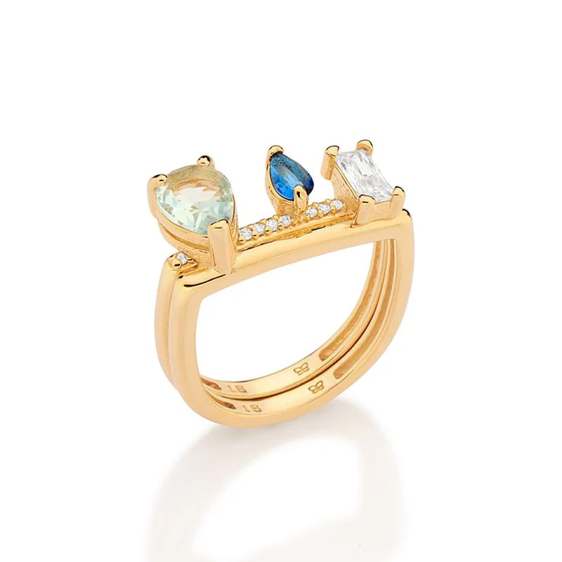 ANILLO DE VARIAS FORMAS BAÑADO EN ORO DE 18K CON CIRCONITAS Y CRISTALES